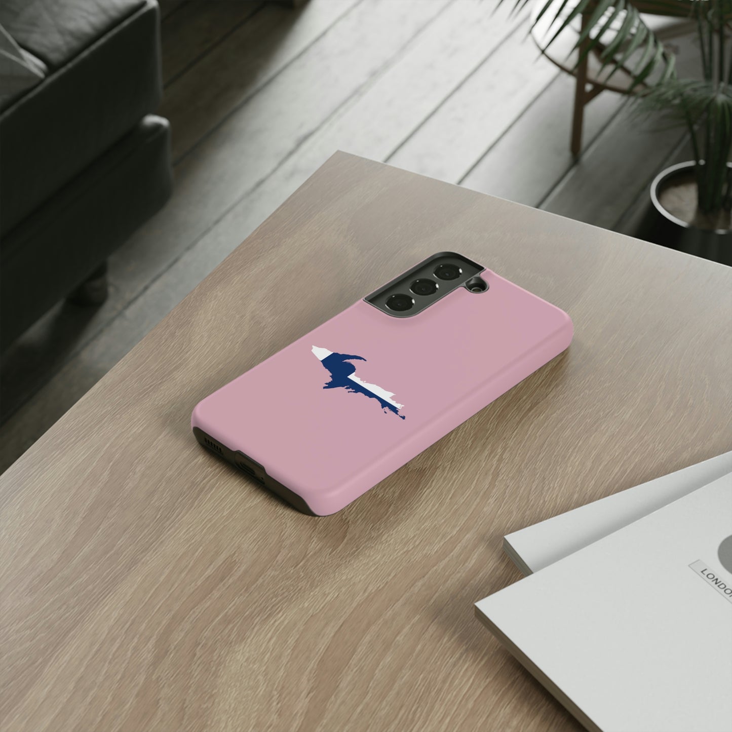 Michigan Upper Peninsula Tough Phone Case (Pink w/ UP Finland Flag Outline) | Samsung & Pixel Android