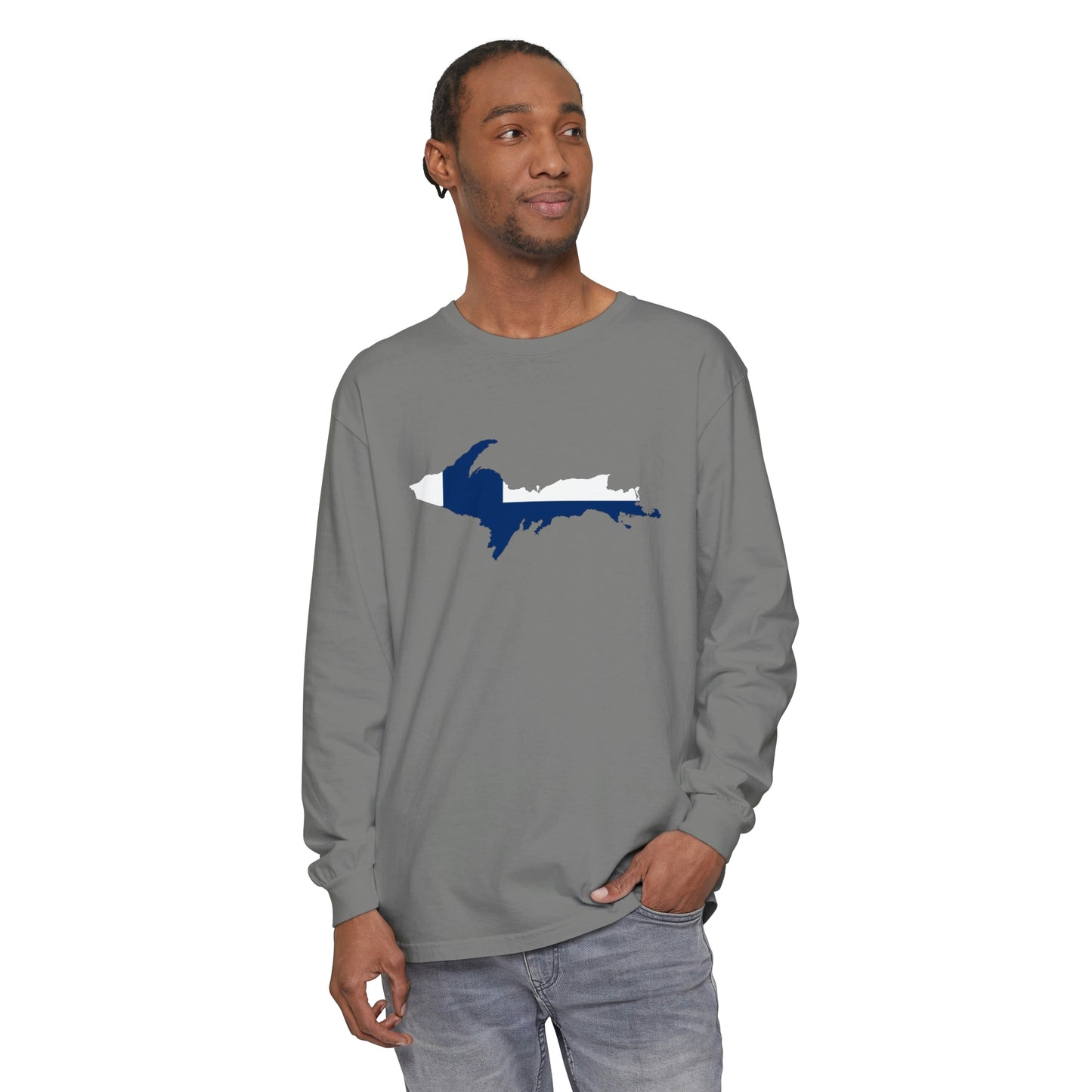 Michigan Upper Peninsula Garment-Dyed T-Shirt (w/ UP Finland Flag Outline) | Unisex Long Sleeve