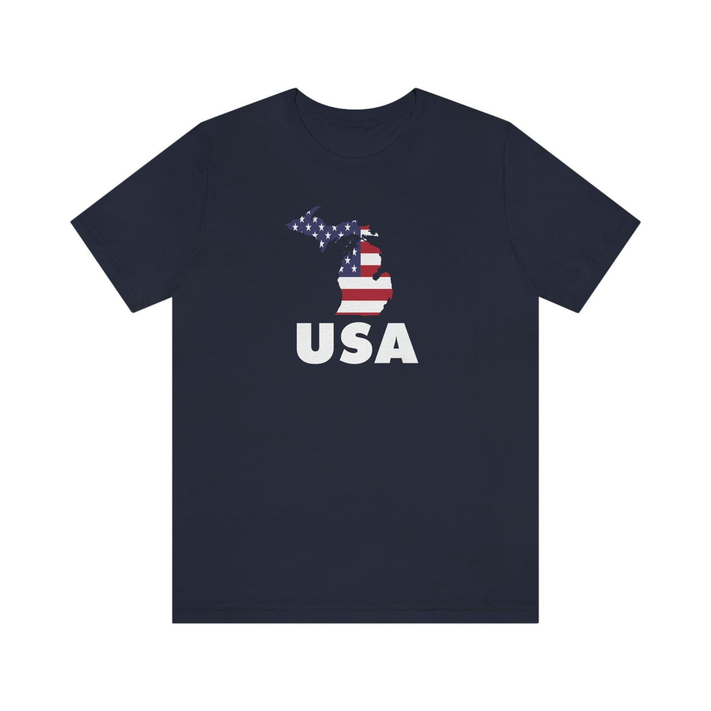 Michigan 'USA' T-Shirt (Geometric Sans Font w/ MI USA Flag Outline) | Unisex Standard Fit