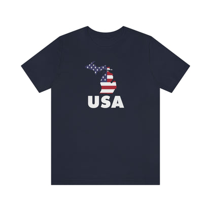 Michigan 'USA' T-Shirt (Geometric Sans Font w/ MI USA Flag Outline) | Unisex Standard Fit