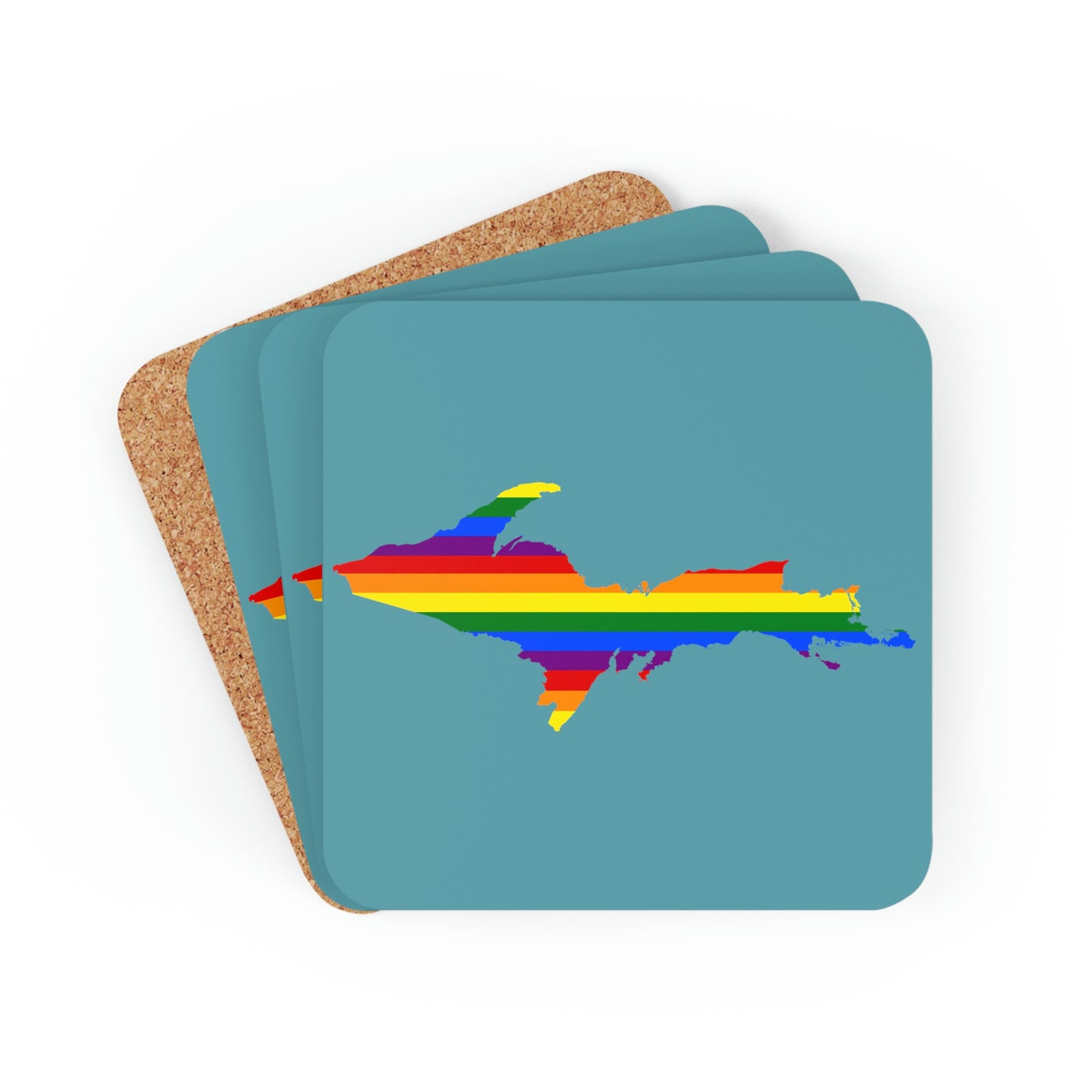 Michigan Upper Peninsula Coaster Set (Huron Blue w/ UP Pride Flag Outline) | Corkwood - 4 pack