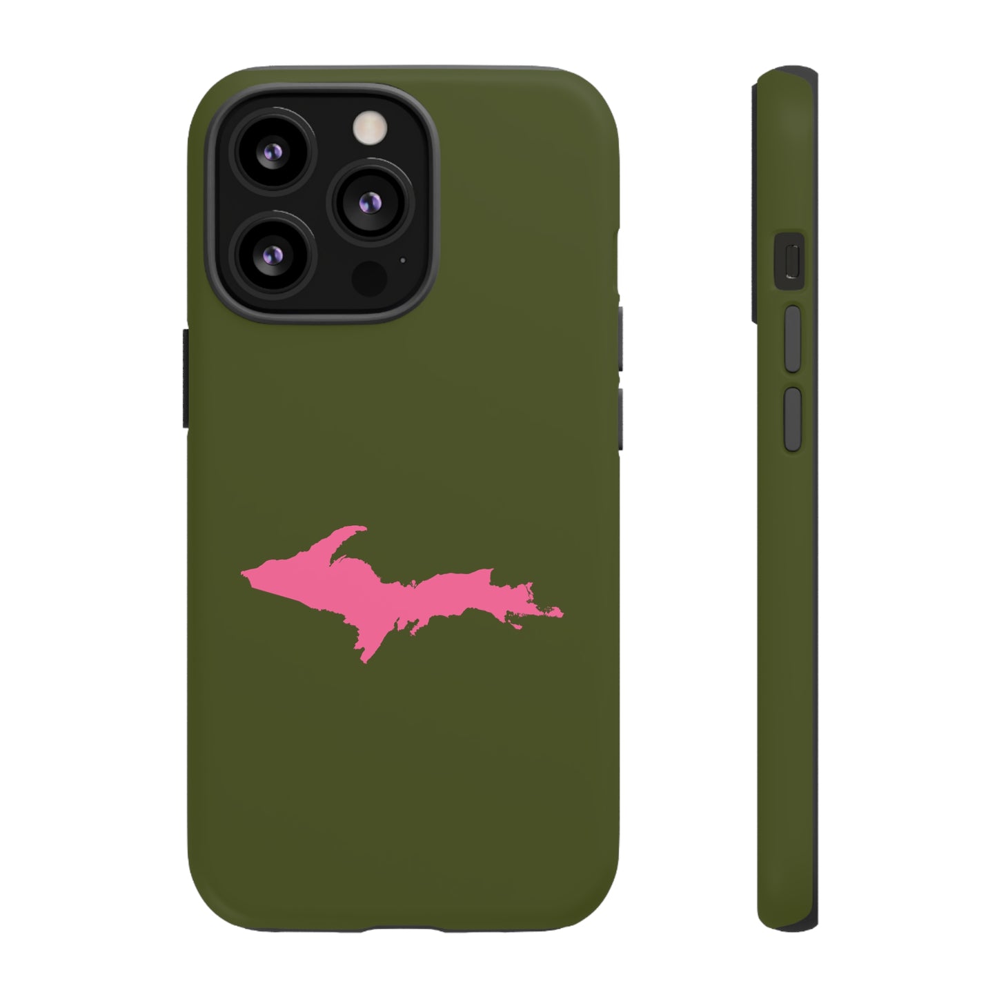 Michigan Upper Peninsula Tough Phone Case (Army Green w/ Pink UP Outline) | Apple iPhone