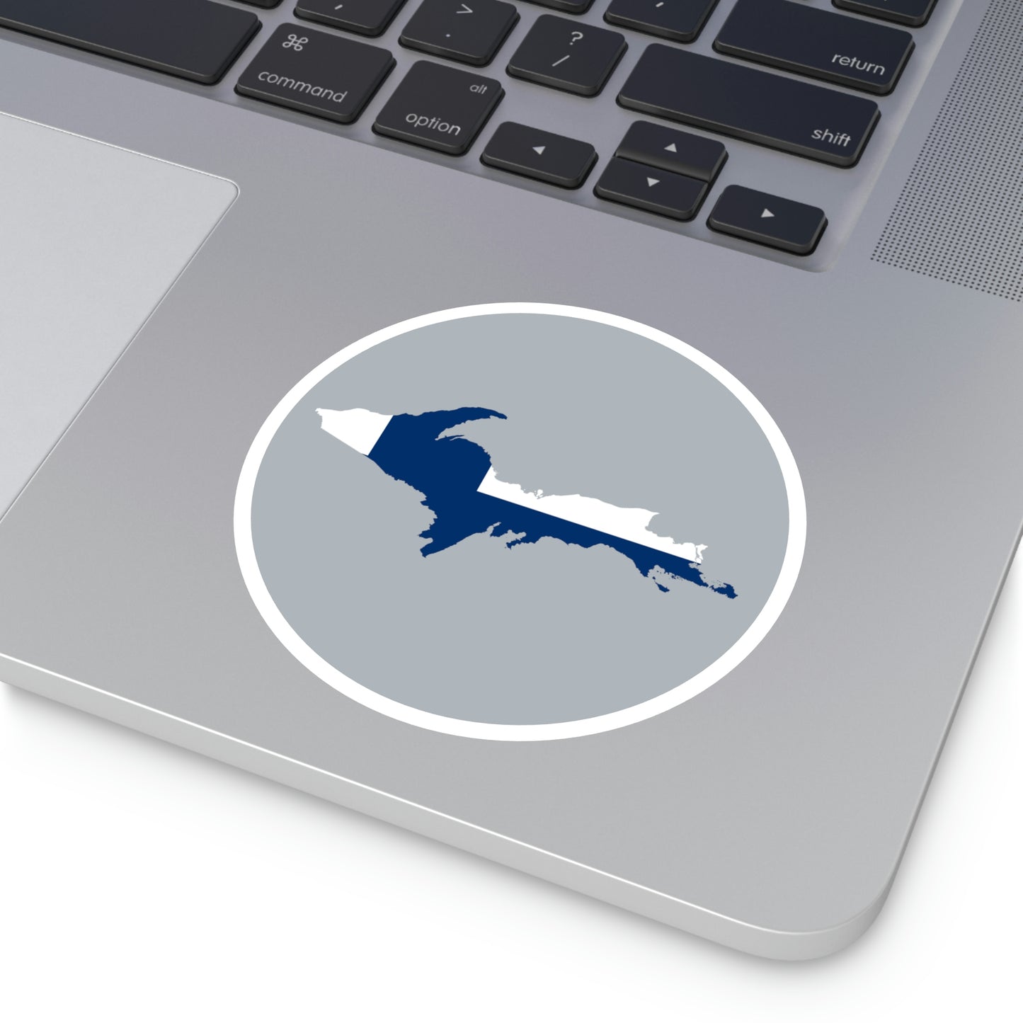 Michigan Upper Peninsula Round Stickers (Silver w/ UP Finland Flag Outline) | Indoor\Outdoor