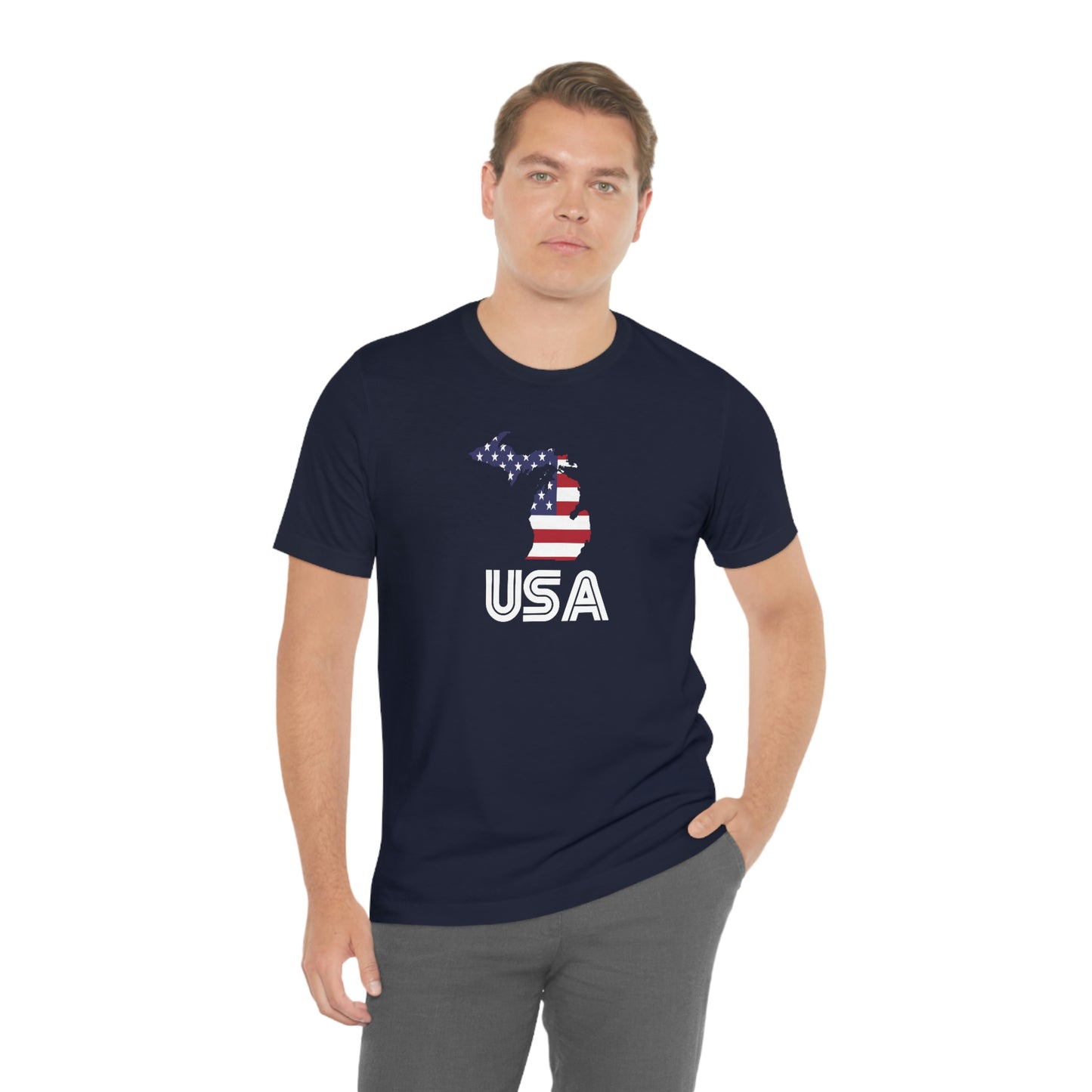 Michigan 'USA' T-Shirt (Audiophile Font w/ MI USA Flag Outline) | Unisex Standard Fit