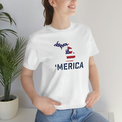 Michigan 'Merica' T-Shirt (Military Stencil Font w/ MI USA Flag Outline) | Unisex Standard Fit