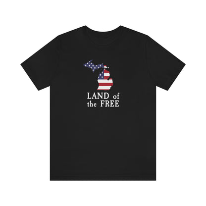 Michigan 'Land of the Free' T-Shirt (Colonial Font w/ MI USA Flag Outline) | Unisex Standard Fit