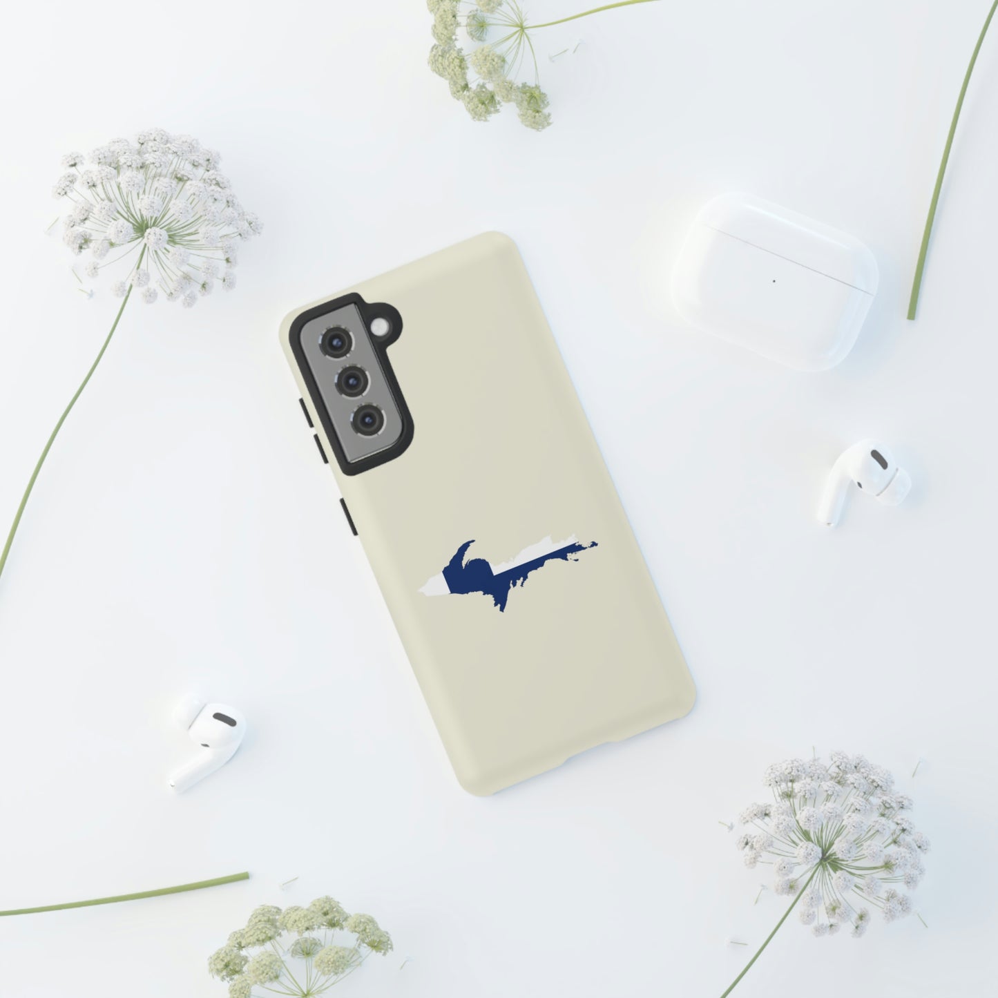 Michigan Upper Peninsula Tough Phone Case (Ivory Color w/ UP Finland Flag Outline) | Samsung & Pixel Android