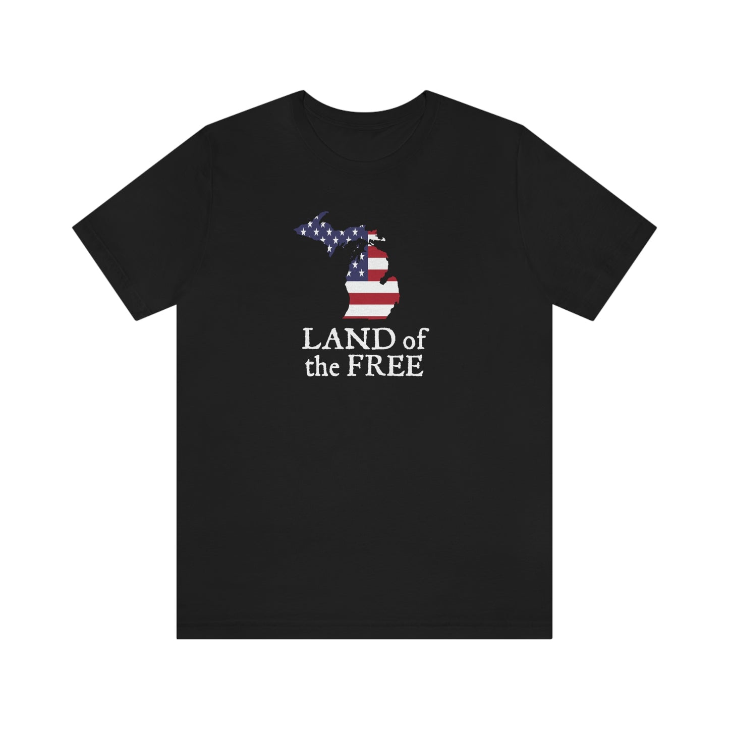 Michigan 'Land of the Free' T-Shirt (Patriot Font w/ MI USA Flag Outline) | Unisex Standard Fit