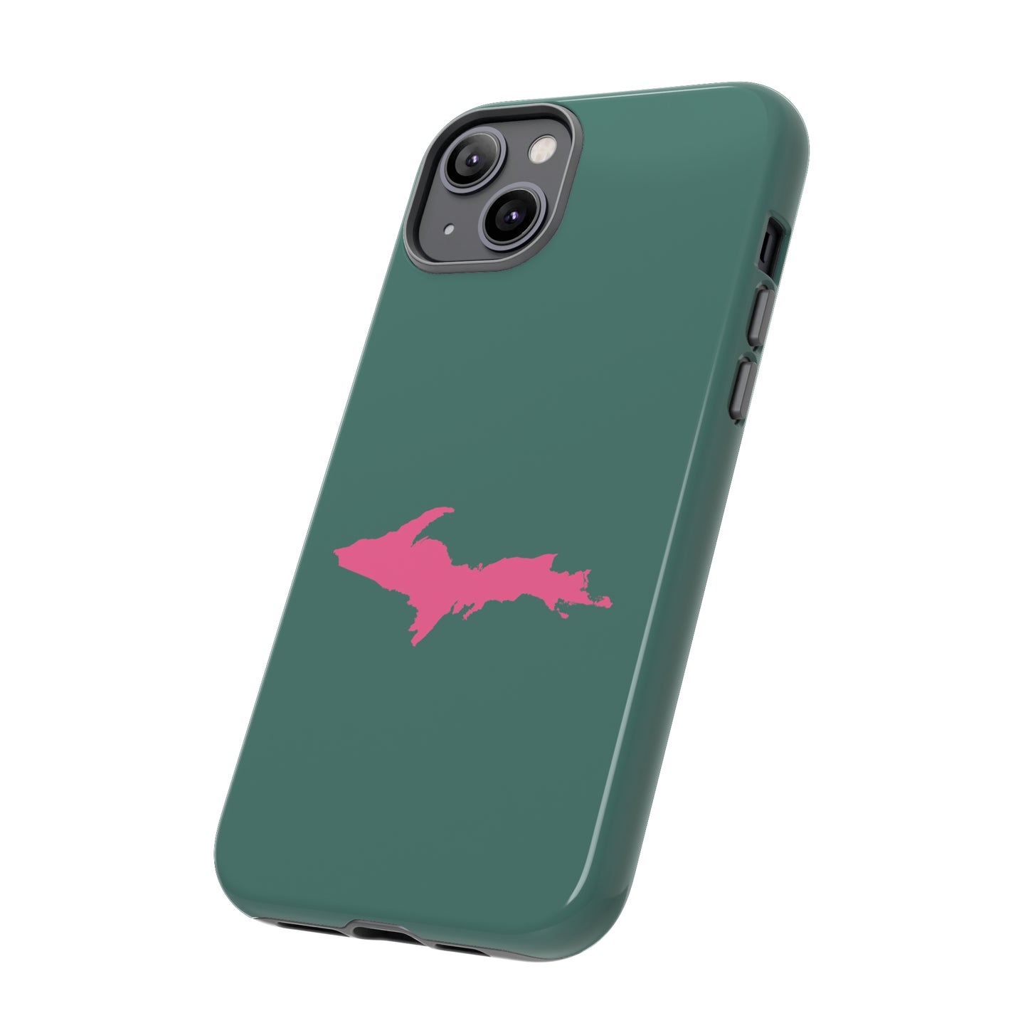 Michigan Upper Peninsula Tough Phone Case (Copper Green w/ Pink UP Outline) | Apple iPhone