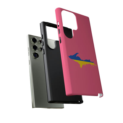 Michigan Upper Peninsula Tough Phone Case (Rhodochrosite Pink w/ UP Ukraine Flag Outline) | Samsung & Pixel Android