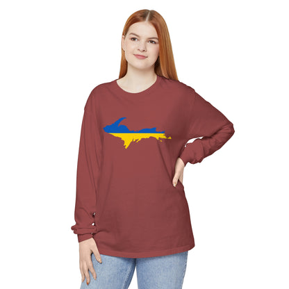 Michigan Upper Peninsula Garment-Dyed T-Shirt (w/ UP Ukraine Flag Outline) | Unisex Long Sleeve