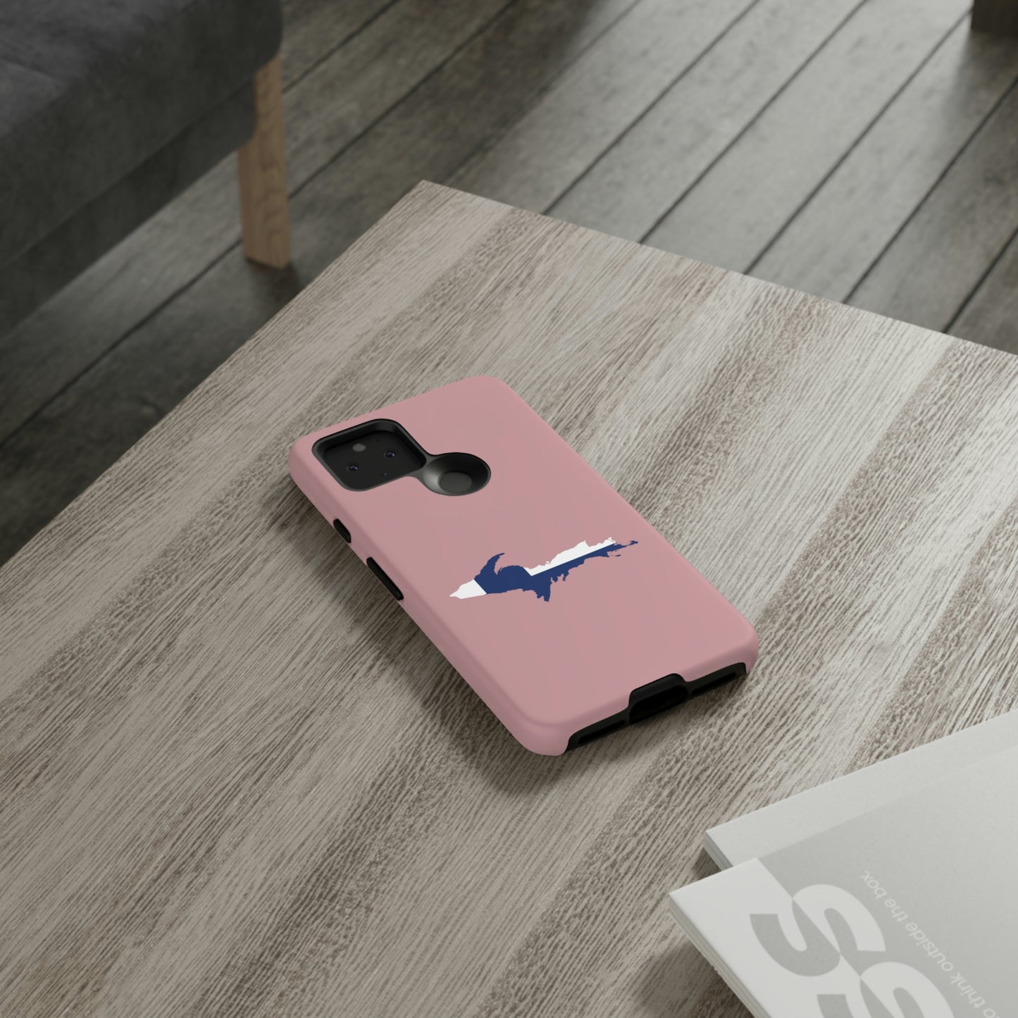 Michigan Upper Peninsula Tough Phone Case (Cherry Blossom Pink w/ UP Finland Flag Outline) | Samsung & Pixel Android