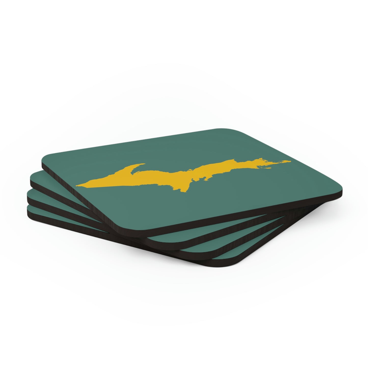 Michigan Upper Peninsula Coaster Set (Copper Green w/ Gold UP Outline) | Corkwood - 4 pack