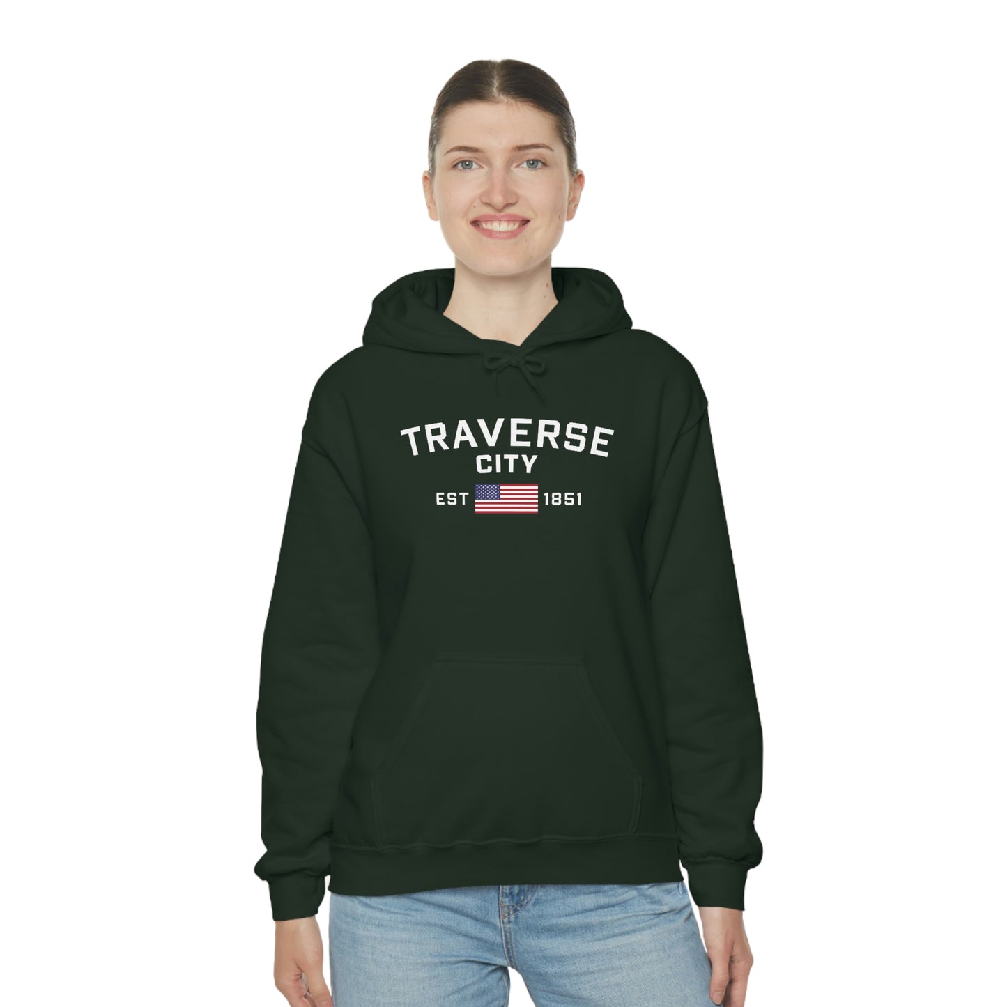 'Traverse City EST 1851' Hoodie (w/USA Flag Outline) | Unisex Standard