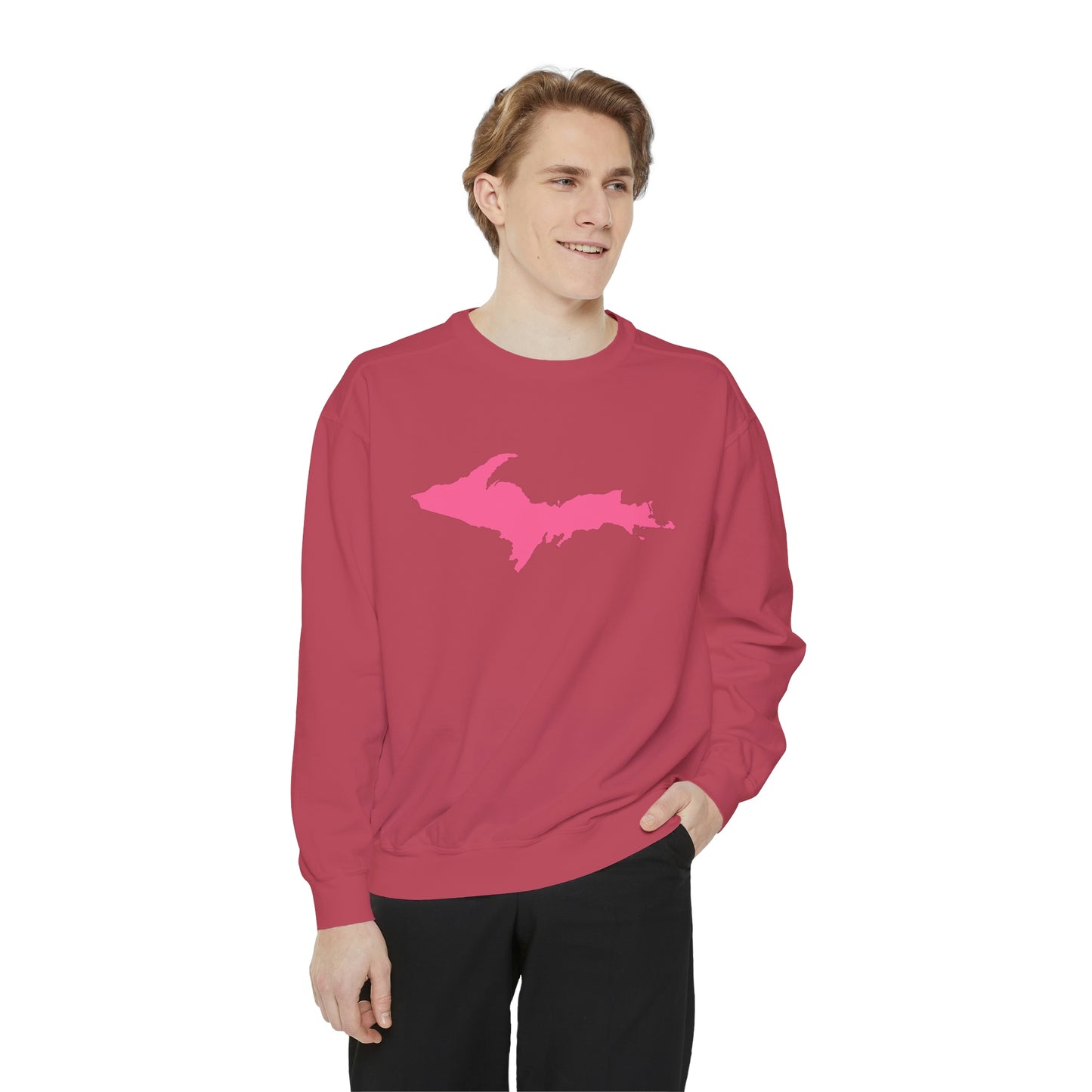 Michigan Upper Peninsula Sweatshirt (w/ Pink UP Outline) | Unisex Garment Dyed