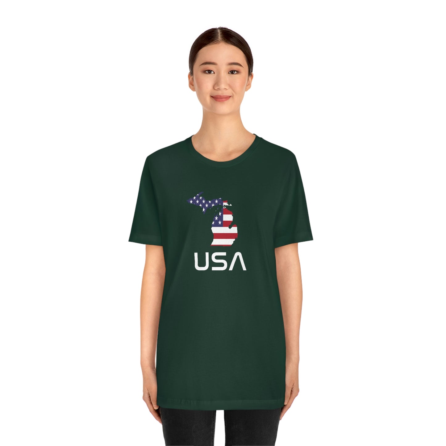 Michigan 'USA' T-Shirt (Space Agency Font w/ MI USA Flag Outline) | Unisex Standard Fit