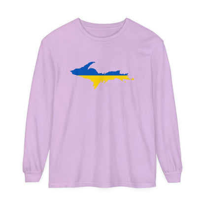 Michigan Upper Peninsula Garment-Dyed T-Shirt (w/ UP Ukraine Flag Outline) | Unisex Long Sleeve