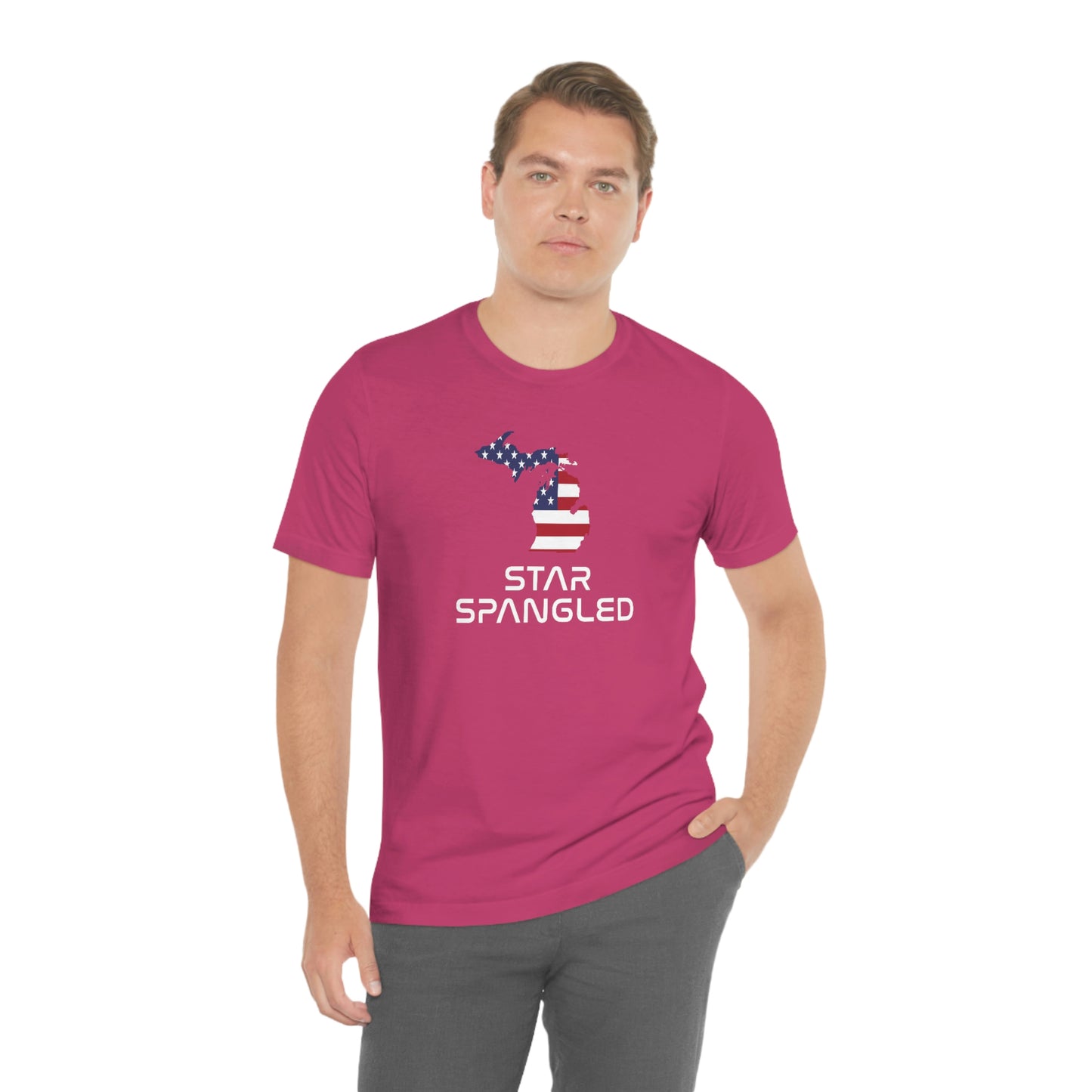 Michigan 'Star Spangled' T-Shirt (Space Agency Font w/ MI USA Flag Outline) | Unisex Standard Fit