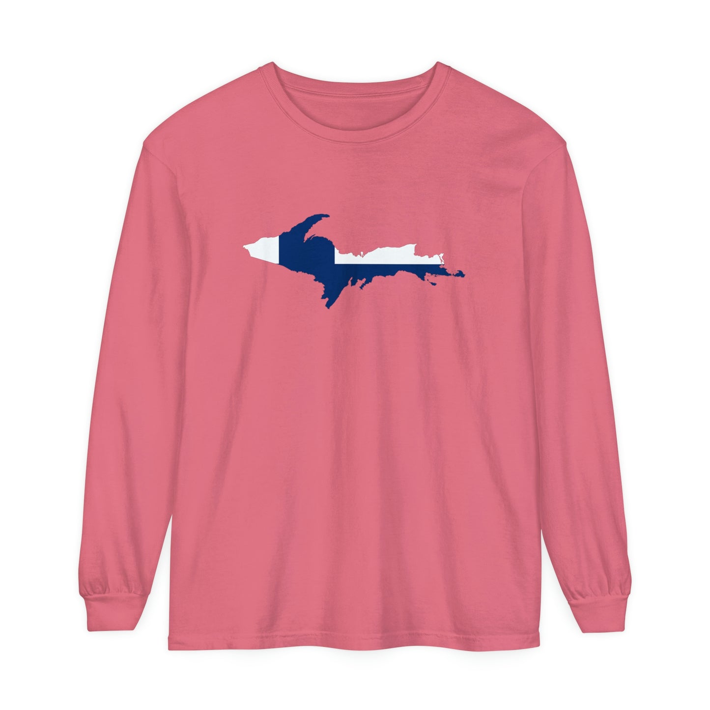 Michigan Upper Peninsula Garment-Dyed T-Shirt (w/ UP Finland Flag Outline) | Unisex Long Sleeve