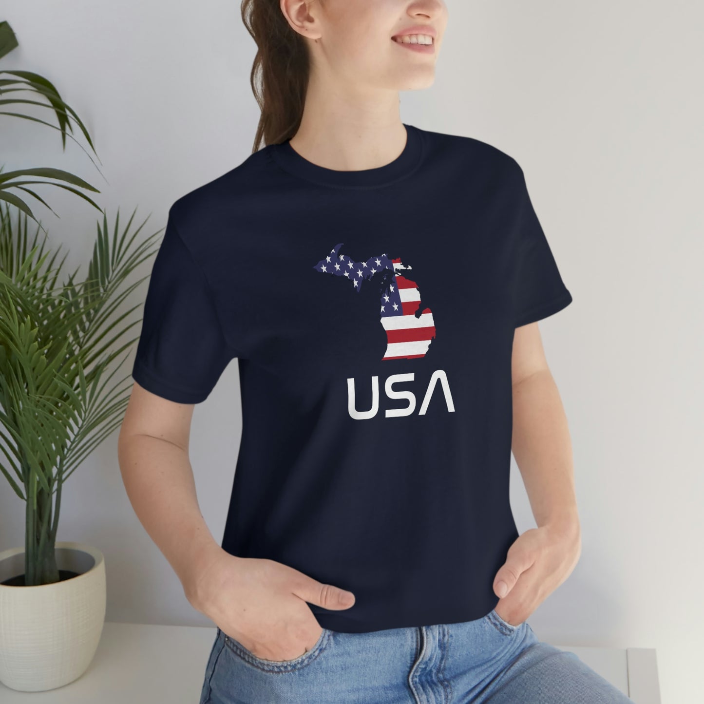 Michigan 'USA' T-Shirt (Space Agency Font w/ MI USA Flag Outline) | Unisex Standard Fit