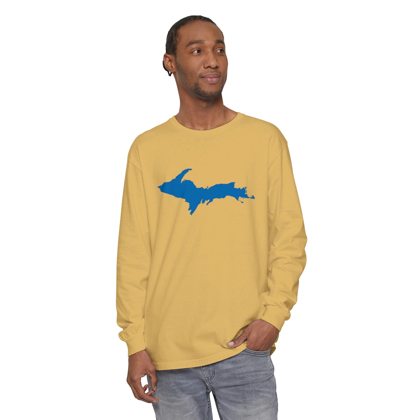 Michigan Upper Peninsula Garment-Dyed T-Shirt (w/ Azure UP Outline) | Unisex Long Sleeve