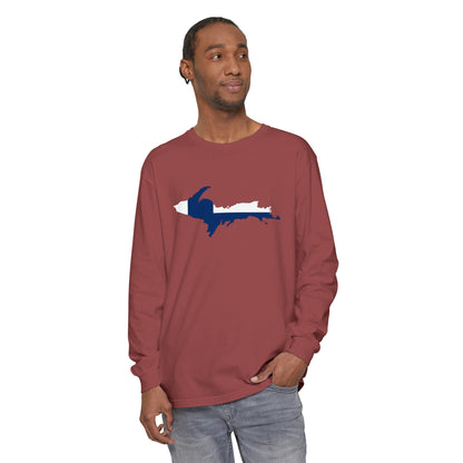 Michigan Upper Peninsula Garment-Dyed T-Shirt (w/ UP Finland Flag Outline) | Unisex Long Sleeve