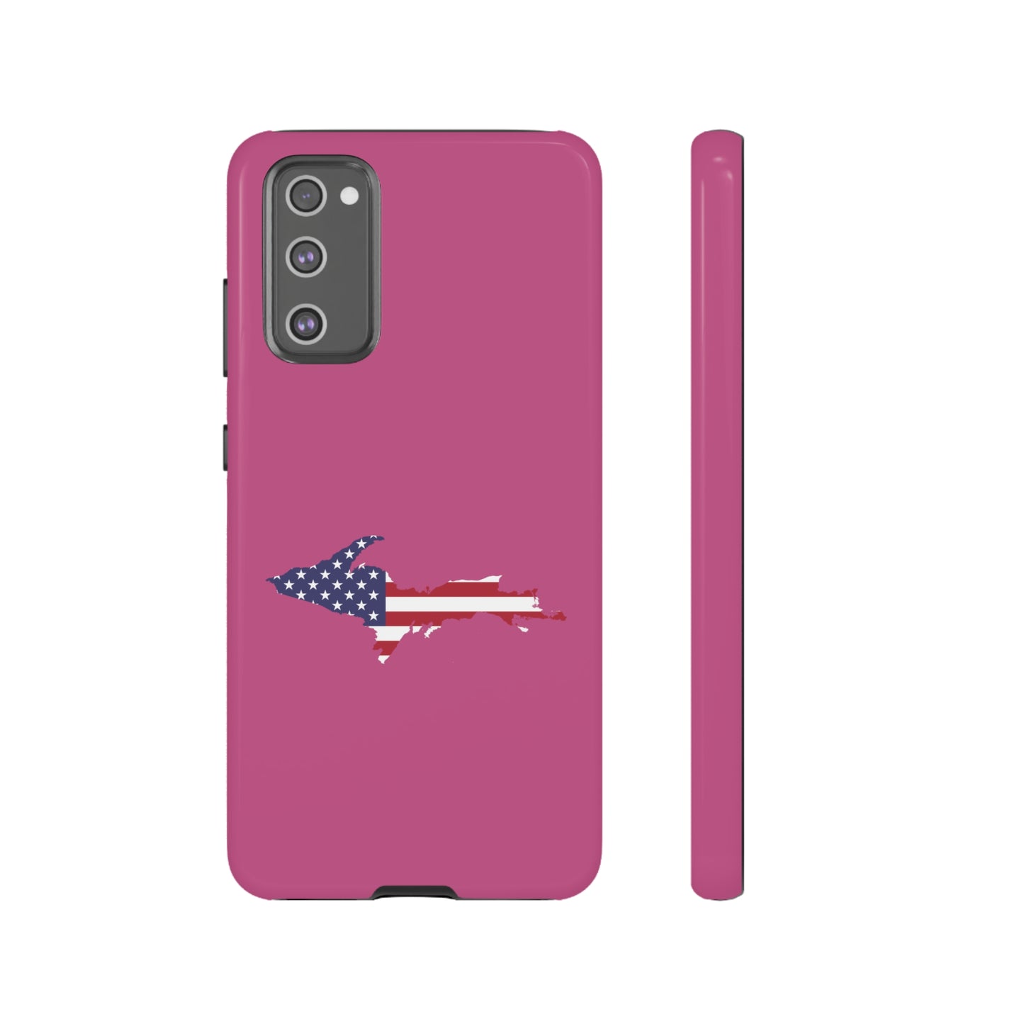 Michigan Upper Peninsula Tough Phone Case (Apple Blossom Pink w/ UP USA Flag Outline) | Samsung & Pixel Android