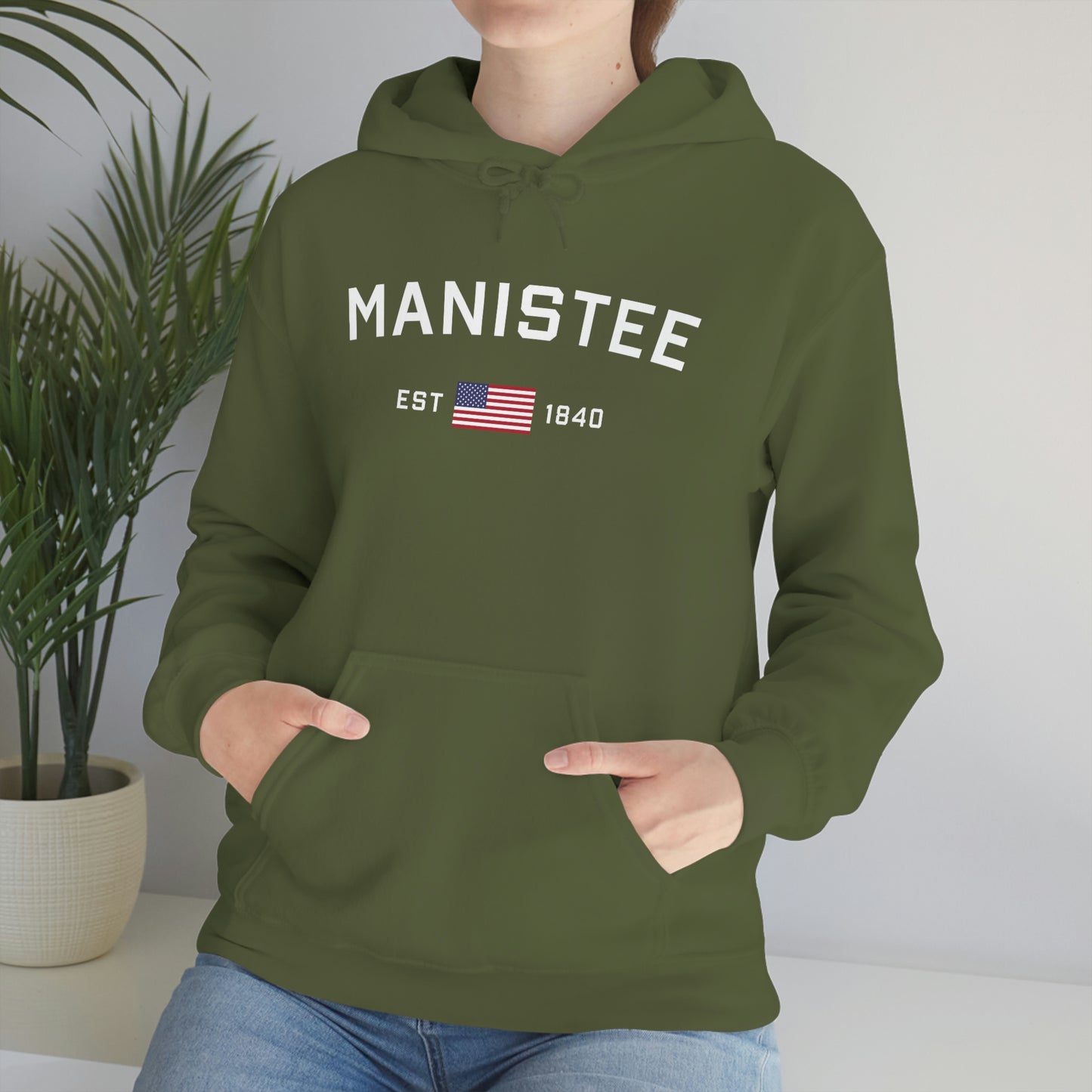 'Manistee EST 1840' Hoodie (w/USA Flag Outline) | Unisex Standard