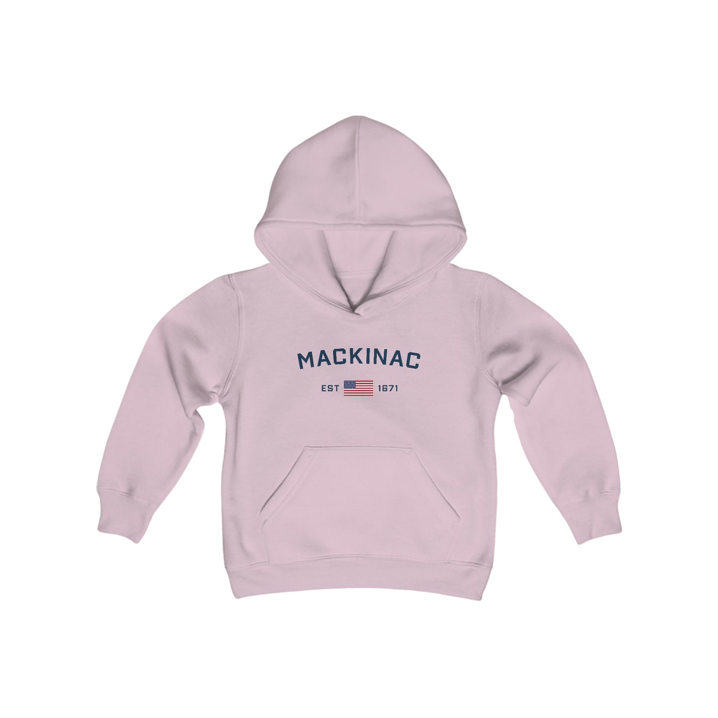 'Mackinac EST 1671' Hoodie (w/USA Flag Outline) | Unisex Youth