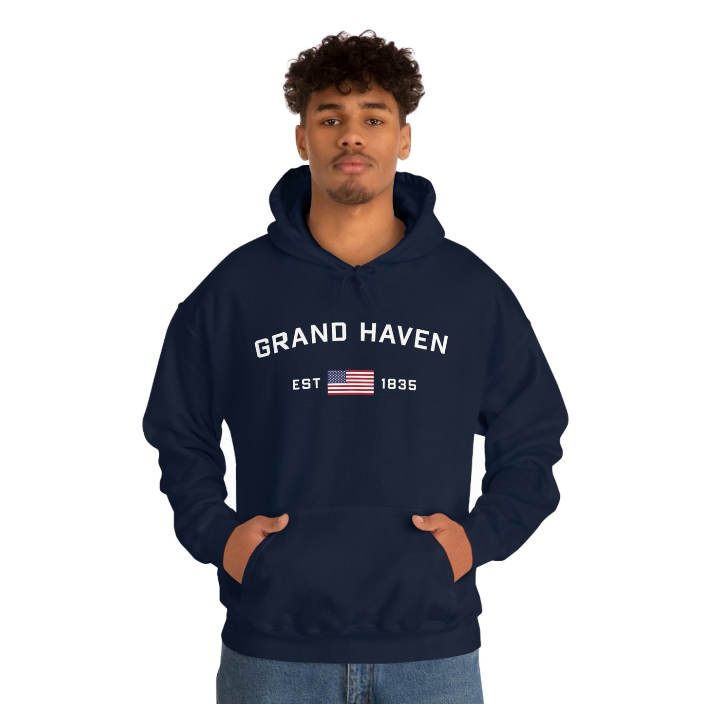 'Grand Haven EST 1835' Hoodie (w/USA Flag Outline) | Unisex Standard