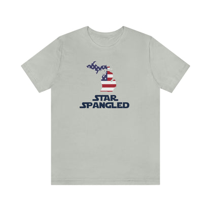 Michigan 'Star Spangled' T-Shirt (Epic Sci Fi Font w/ MI USA Flag Outline) | Unisex Standard Fit