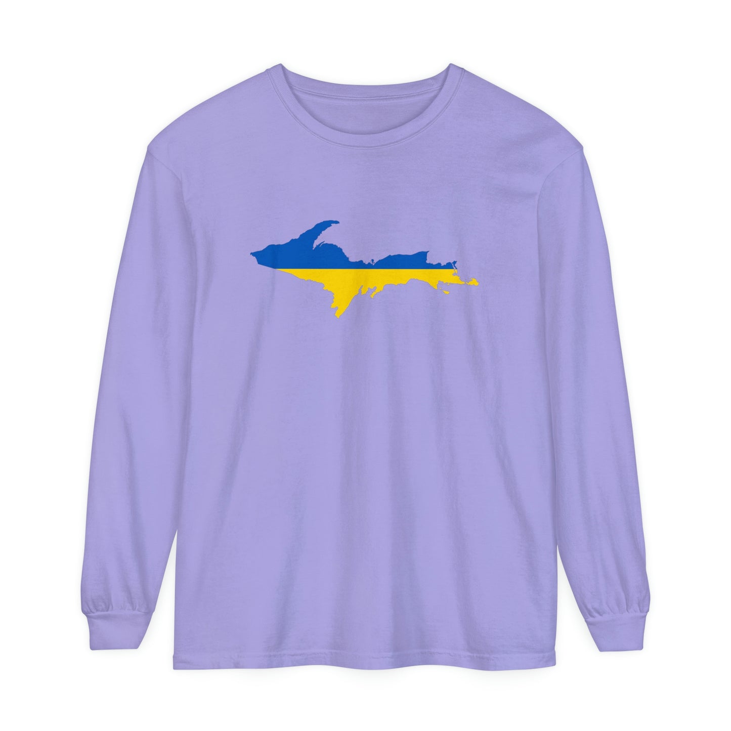 Michigan Upper Peninsula Garment-Dyed T-Shirt (w/ UP Ukraine Flag Outline) | Unisex Long Sleeve