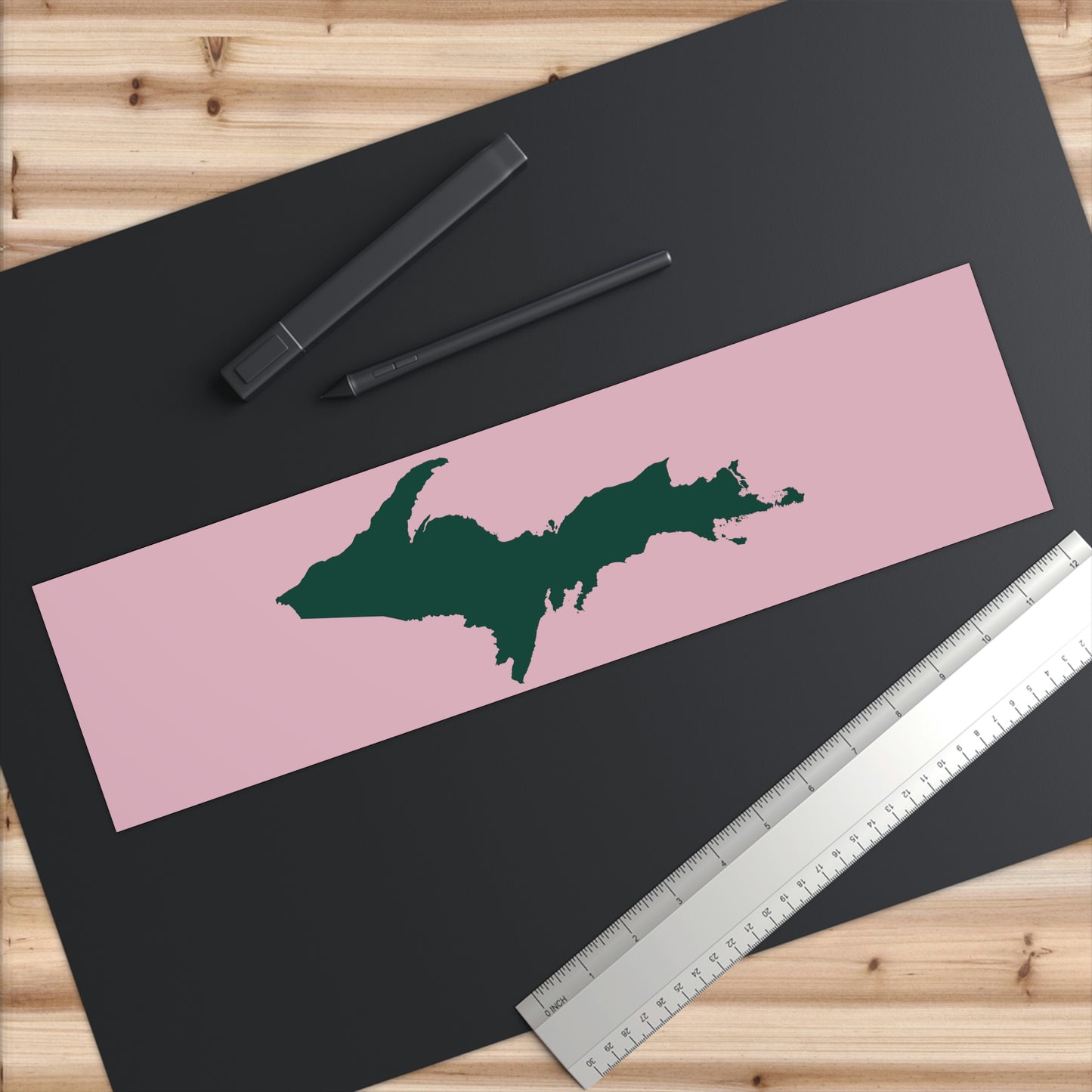 Michigan Upper Peninsula Bumper Sticker (w/ Green UP Outline) | Pink Background