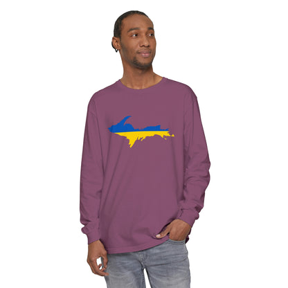 Michigan Upper Peninsula Garment-Dyed T-Shirt (w/ UP Ukraine Flag Outline) | Unisex Long Sleeve