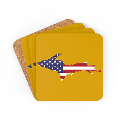 Michigan Upper Peninsula Coaster Set (Gold Color w/ UP USA Flag Outline) | Corkwood - 4 pack