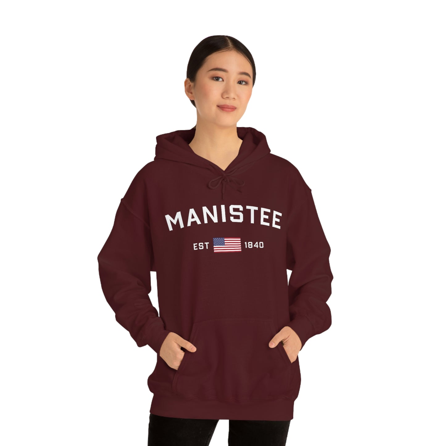 'Manistee EST 1840' Hoodie (w/USA Flag Outline) | Unisex Standard