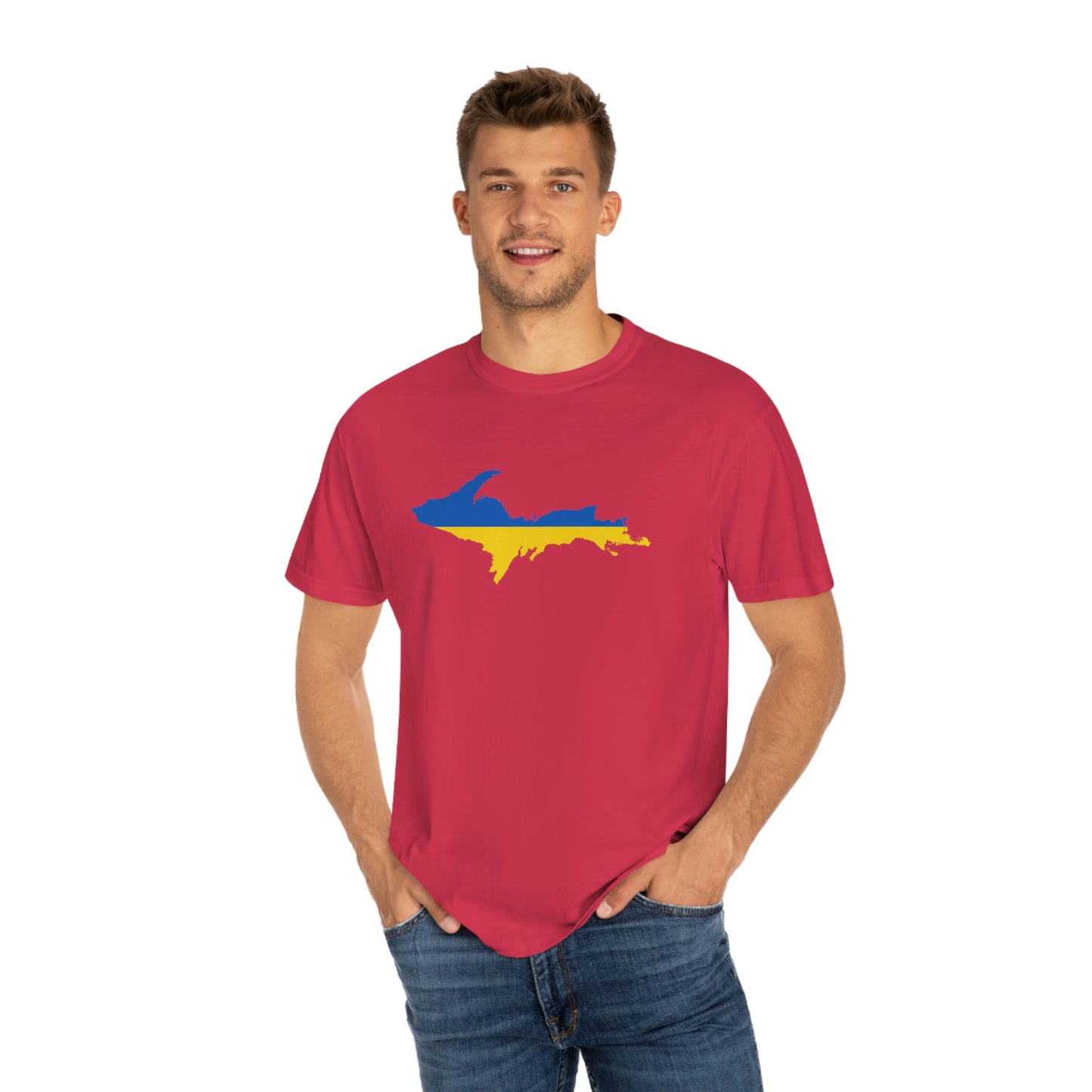 Michigan Upper Peninsula T-Shirt (w/ UP Ukraine Flag Outline) | Unisex Garment-Dyed