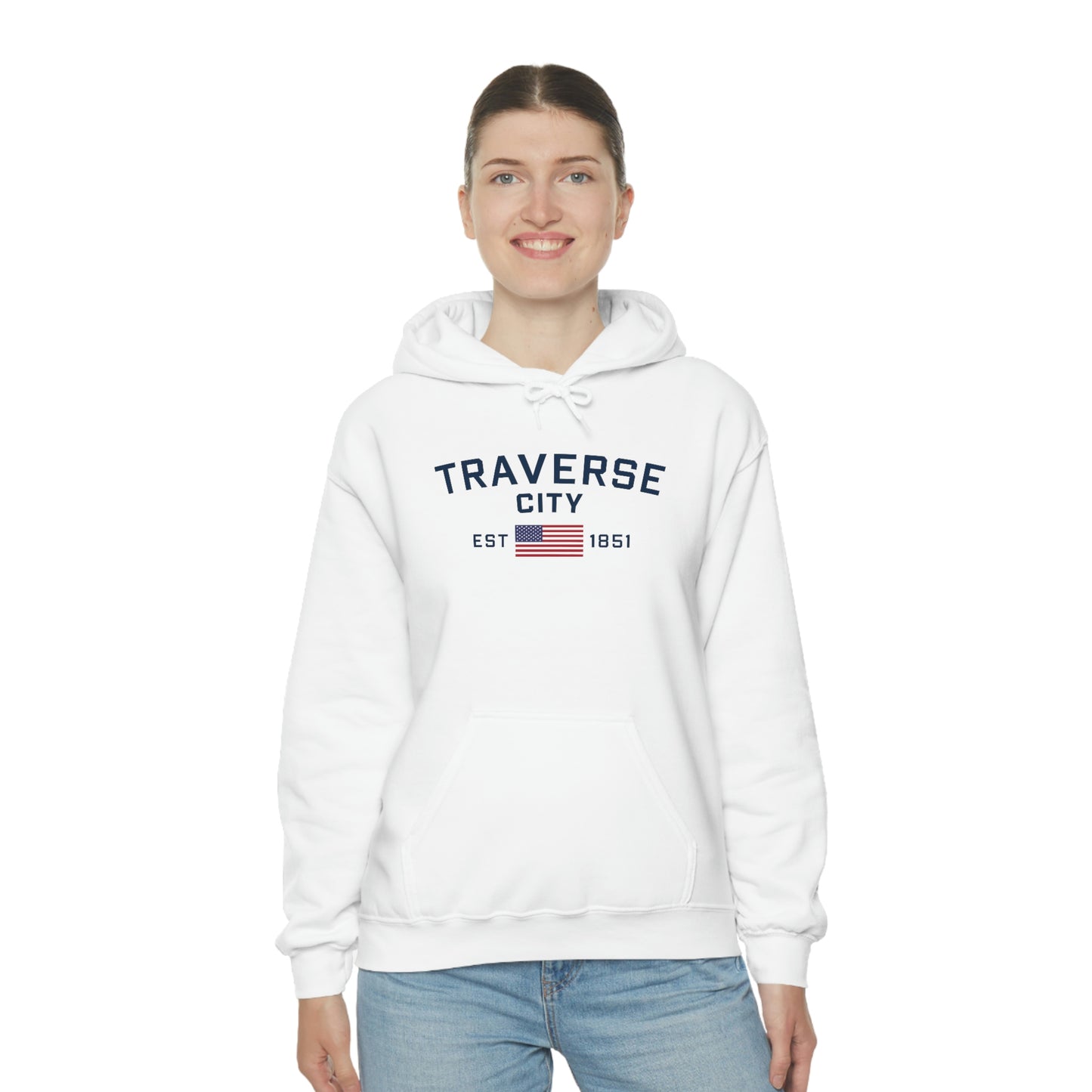 'Traverse City EST 1851' Hoodie (w/USA Flag Outline) | Unisex Standard