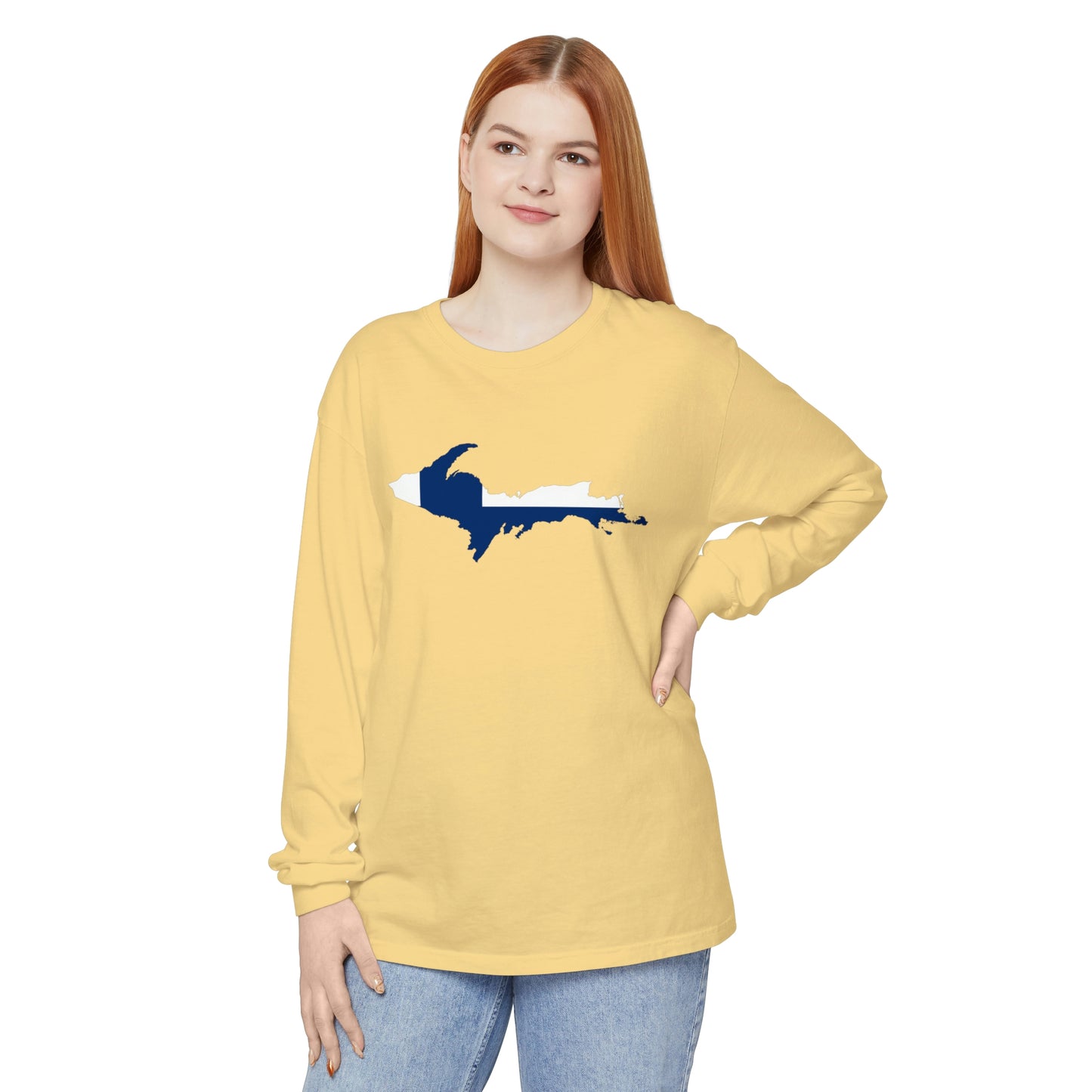 Michigan Upper Peninsula Garment-Dyed T-Shirt (w/ UP Finland Flag Outline) | Unisex Long Sleeve