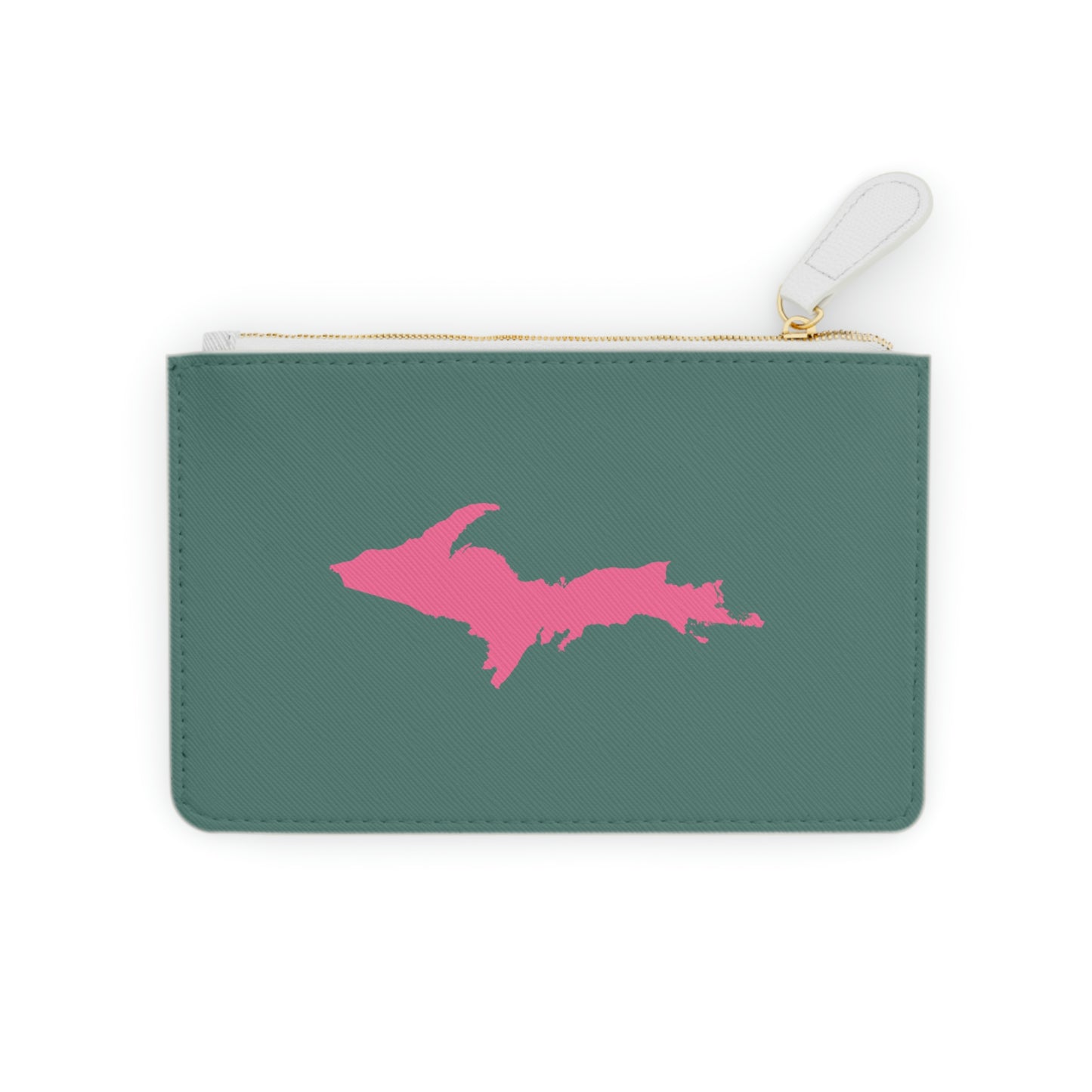 Michigan Upper Peninsula Mini Clutch Bag (Copper Green w/ Pink UP Outline)