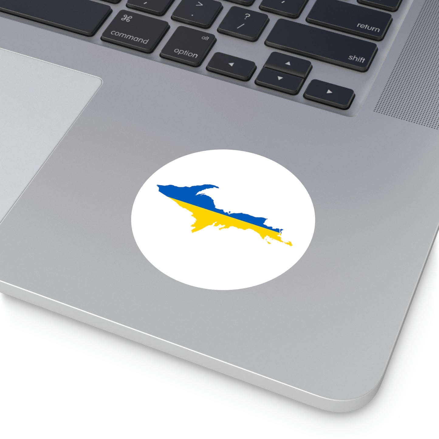 Michigan Upper Peninsula Round Stickers (w/ UP Ukraine Flag Outline) | Indoor\Outdoor