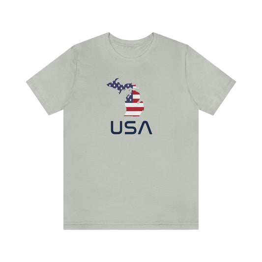 Michigan 'USA' T-Shirt (Space Agency Font w/ MI USA Flag Outline) | Unisex Standard Fit