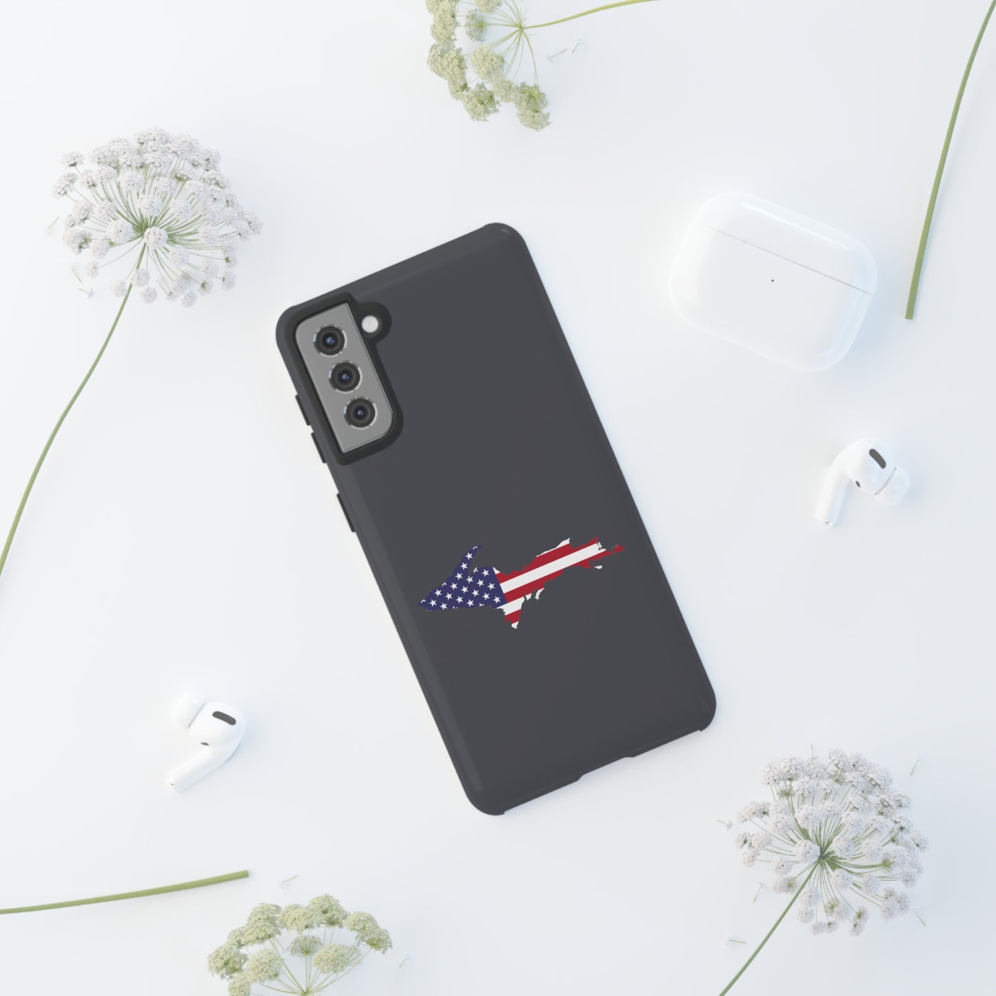 Michigan Upper Peninsula Tough Phone Case (Iron Ore Grey w/ UP USA Flag Outline) | Samsung & Pixel Android