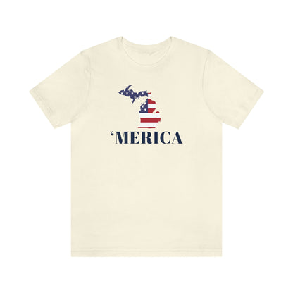 Michigan 'Merica' T-Shirt (Didone Font w/ MI USA Flag Outline) | Unisex Standard Fit