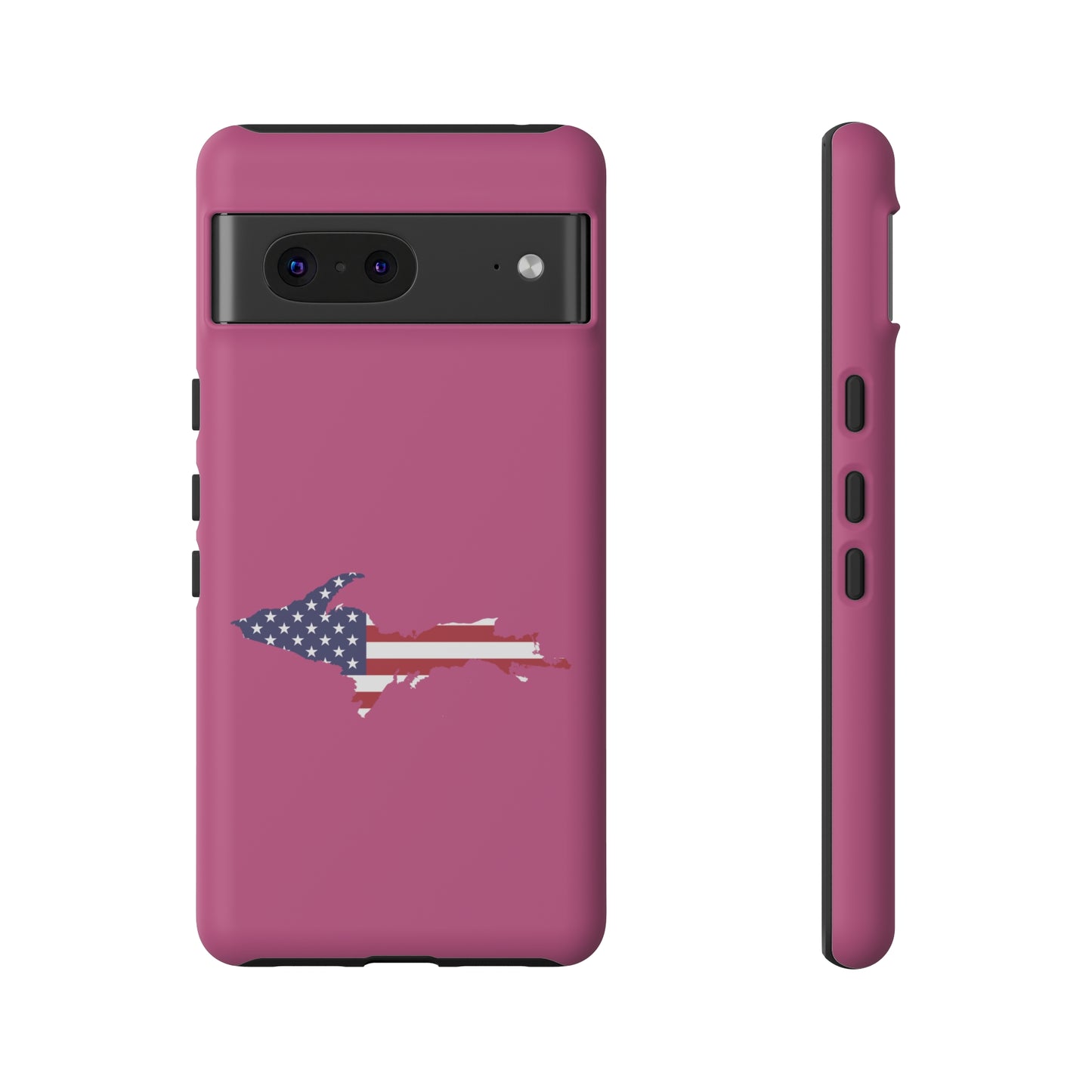 Michigan Upper Peninsula Tough Phone Case (Apple Blossom Pink w/ UP USA Flag Outline) | Samsung & Pixel Android