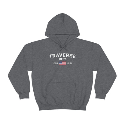 'Traverse City EST 1851' Hoodie (w/USA Flag Outline) | Unisex Standard