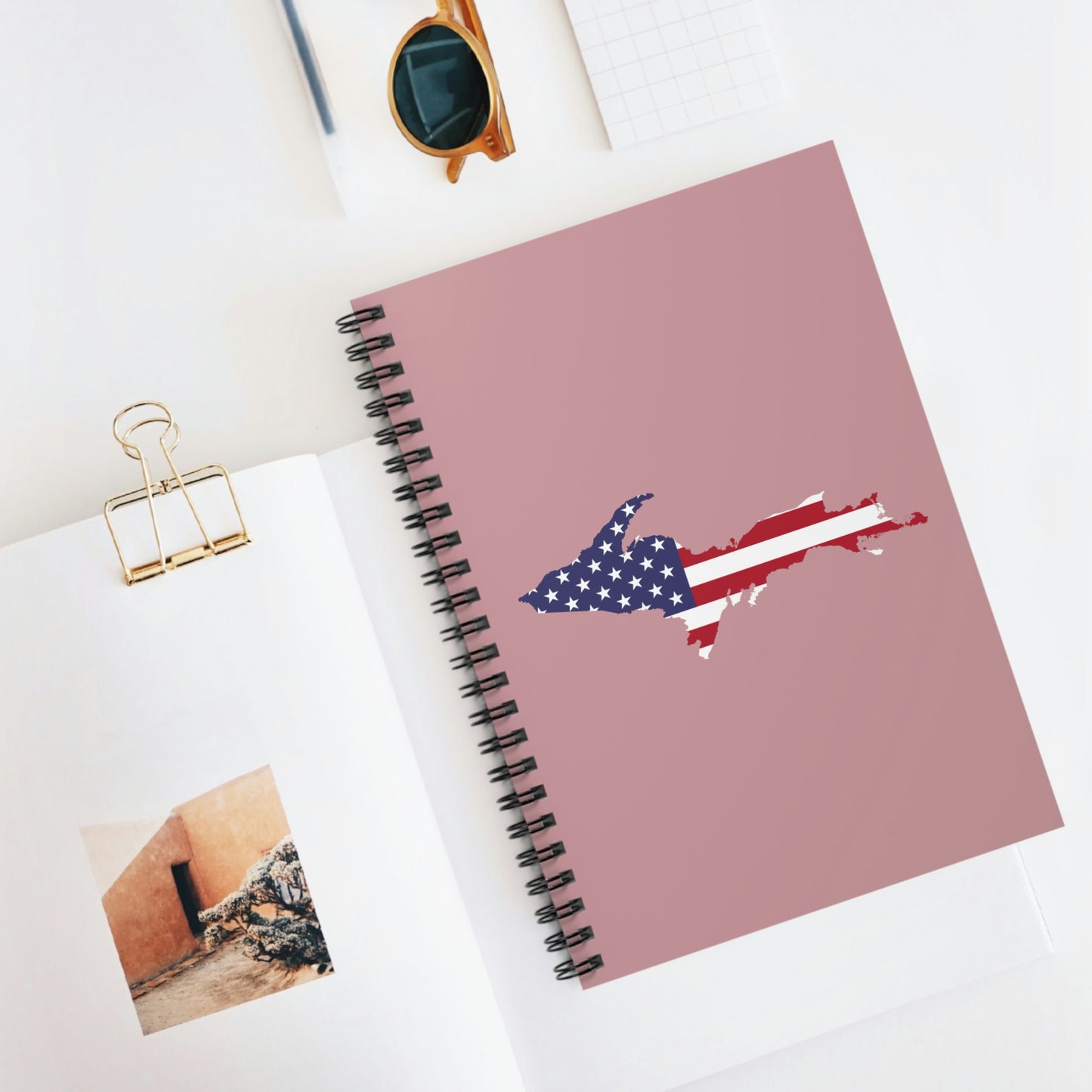 Michigan Upper Peninsula Spiral Notebook (w/ UP USA Flag Outline) | Cherry Blossom Pink