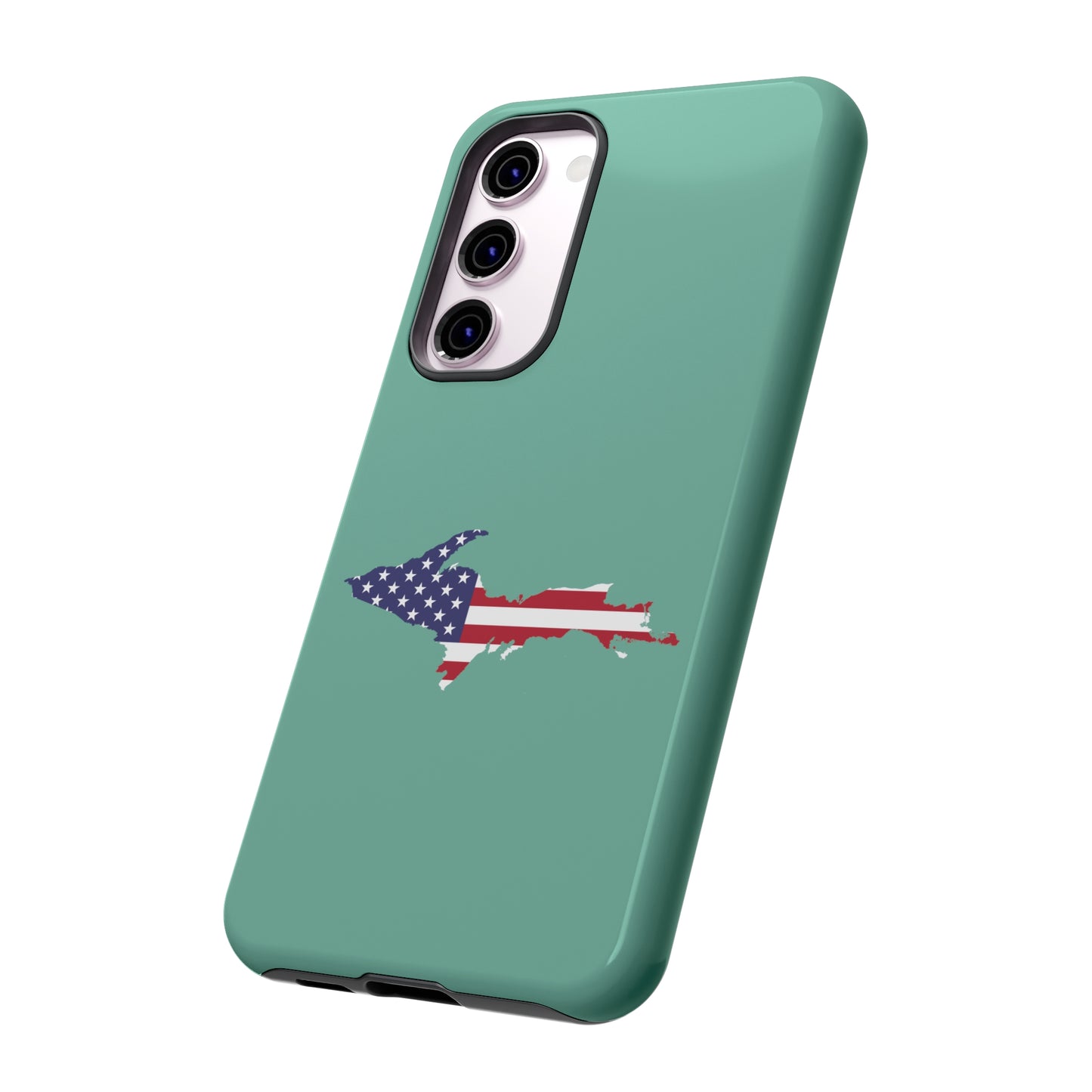 Michigan Upper Peninsula Tough Phone Case ('64 Metallic Mint Green w/ UP USA Flag Outline) | Samsung & Pixel Android