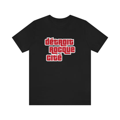 'Détroit Rocque Cité' T-Shirt (Red/White Automotive Crime Parody) | Unisex Standard Fit