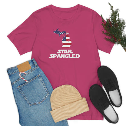 Michigan 'Star Spangled' T-Shirt (Epic Sci Fi Font w/ MI USA Flag Outline) | Unisex Standard Fit